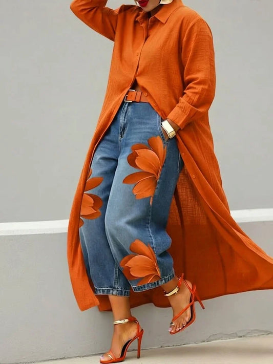 Conjunto Esley Camisa Larga y Vaquero | Bordado Floral con Arte