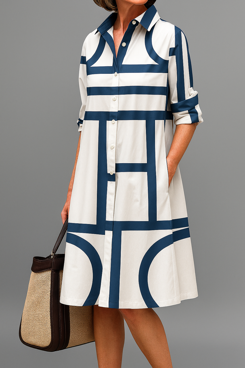 Vestido Midi Sienna | Blanco y Azul con Caída Preciosa