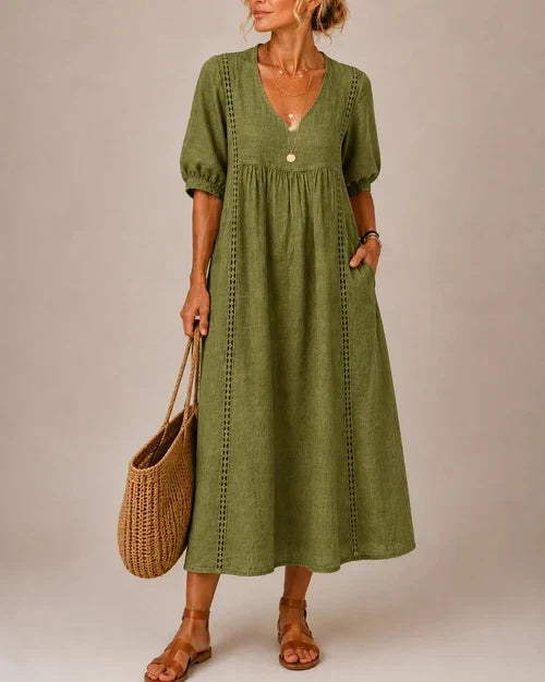 Vestido Midi Estela con Encaje | Lino y Algodón Que Enamora