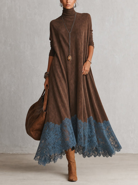 Vestido Largo Brunella con Encaje | Efecto Ante para Otoño