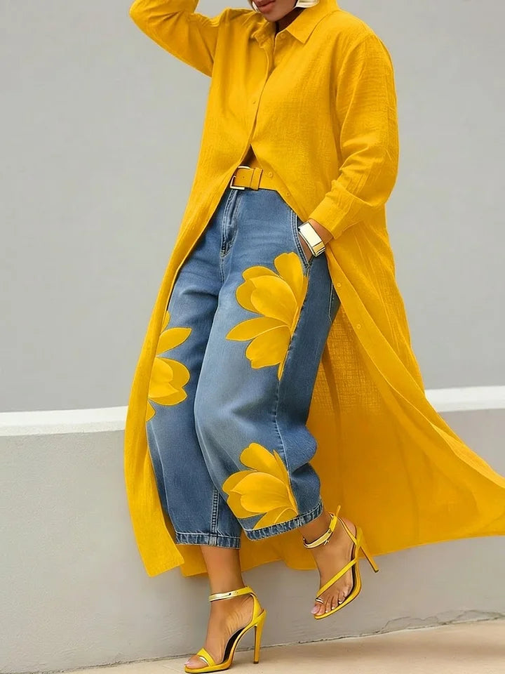 Conjunto Esley Camisa Larga y Vaquero | Bordado Floral con Arte