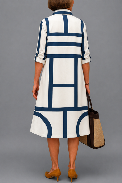 Vestido Midi Sienna | Blanco y Azul con Caída Preciosa