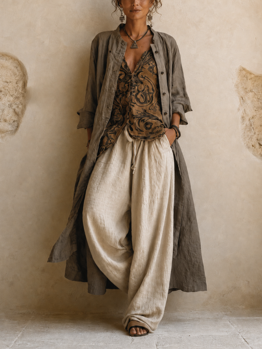 Conjunto Boho de Lino Jara 3 Piezas | Abrigo, Top y Pantalón