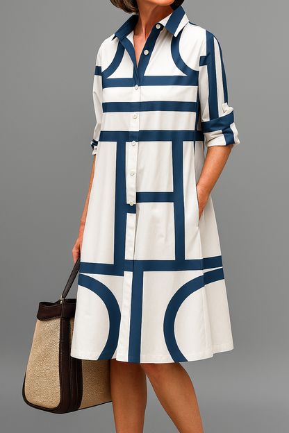 Vestido Midi Sienna | Blanco y Azul con Caída Preciosa