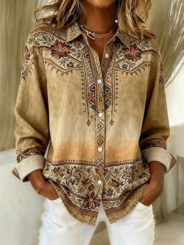 Camisa Estampada Roxanne | Patchwork en Tono Caqui