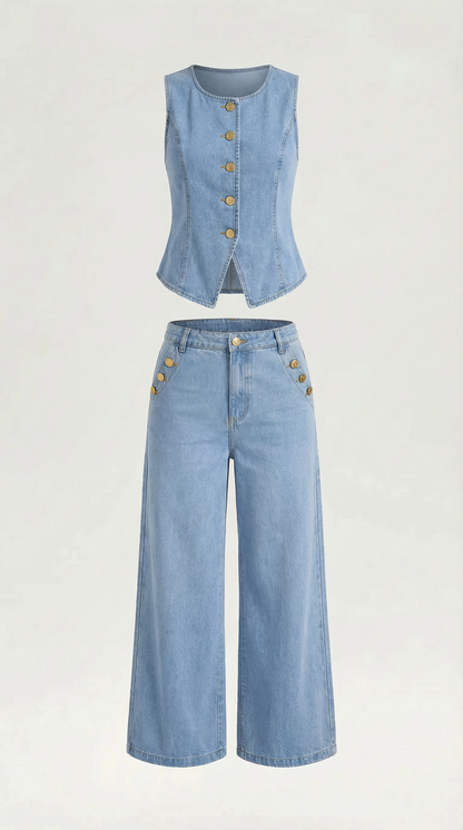 Conjunto Rhonda Chaleco y Pantalón | Efecto Denim