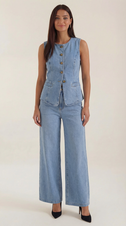 Conjunto Rhonda Chaleco y Pantalón | Efecto Denim