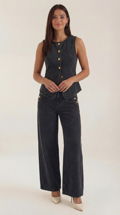 Conjunto Rhonda Chaleco y Pantalón | Efecto Denim