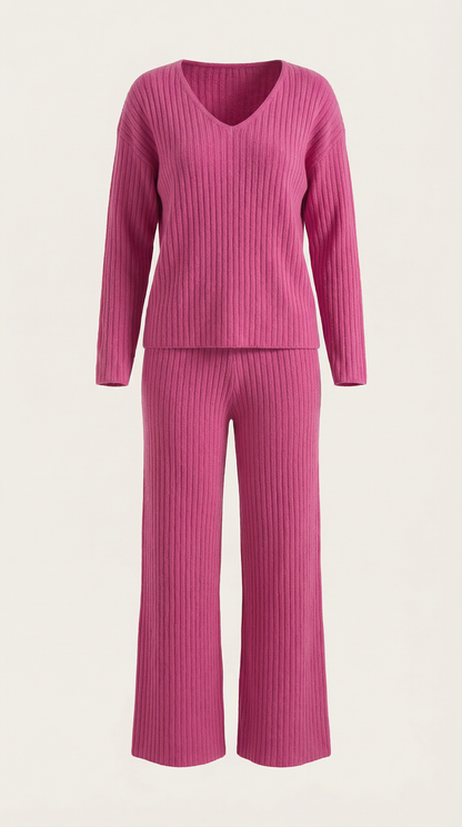 Conjunto de Punto Canalé Matilda | Escote en V y Pantalón Ancho